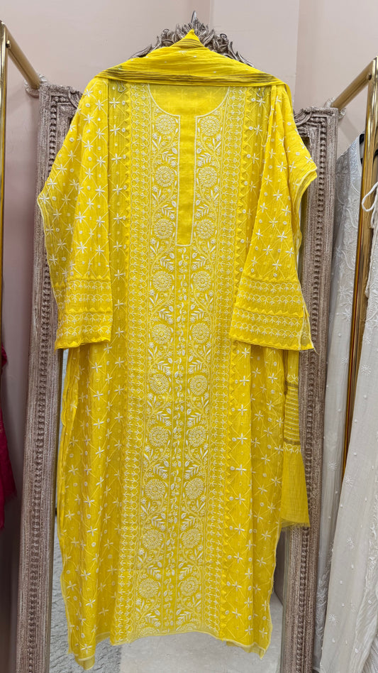 Pure Mulmul Cotton Heavy Front Jaal Kurta Dupatta Yellow