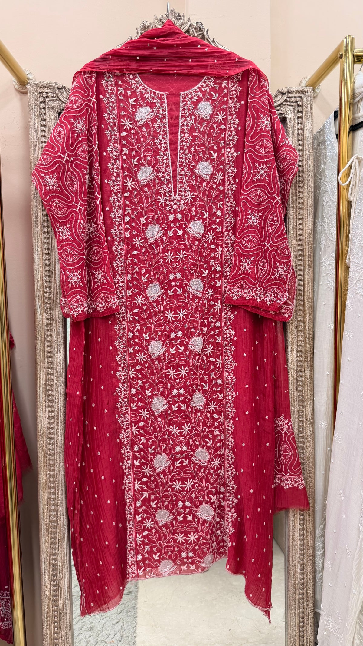 Pure Mulmul Cotton Heavy Front Jaal Kurta Dupatta Crimson Red