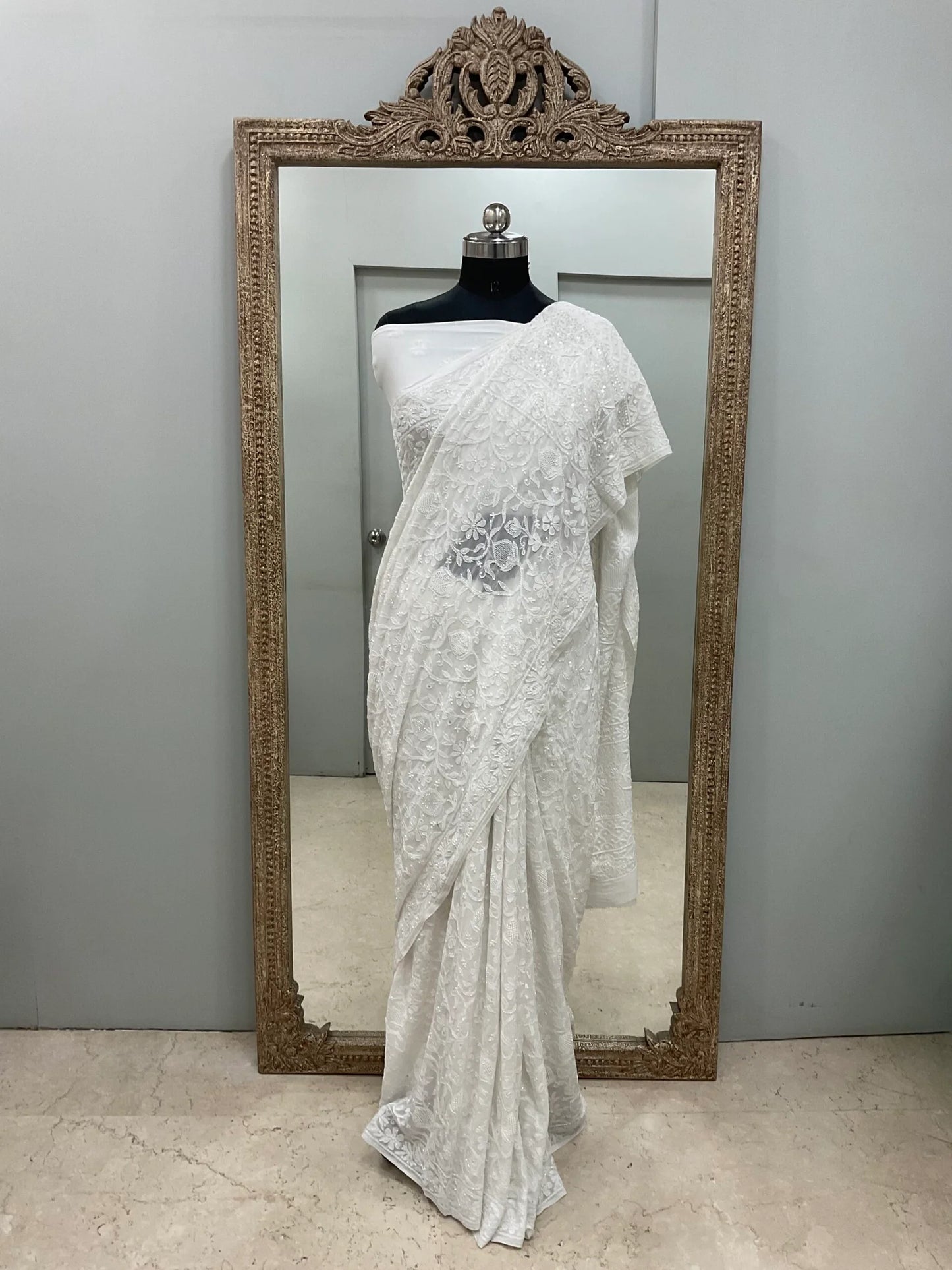 Pure Georgette Saree full jaal with Heavy Cutdana, Pearl and Heavy Sequence White 01