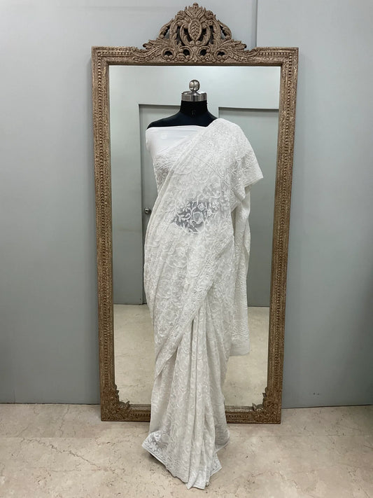 Pure Georgette Saree full jaal with Heavy Cutdana, Pearl and Heavy Sequence White 01