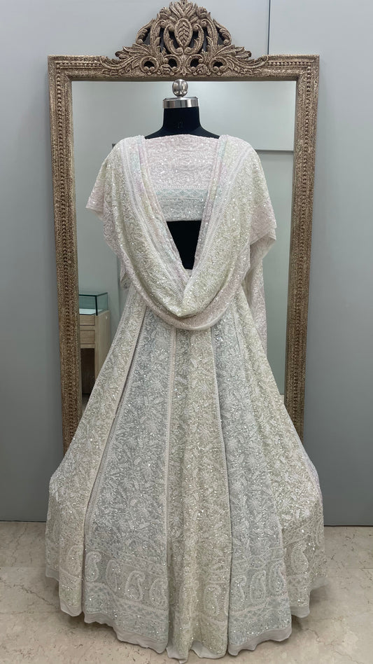 Pure Georgette Heavy Multicolored Cutdana and Pearl Off White