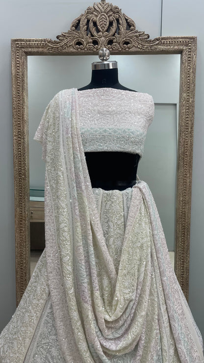 Pure Georgette Heavy Multicolored Cutdana and Pearl Off White