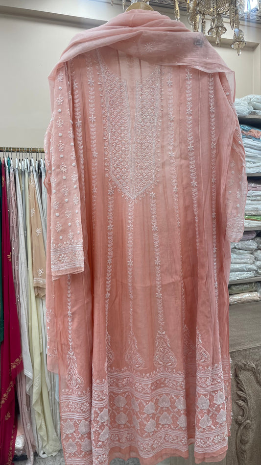 Pure Mul Anarkali Heavy Jaali Work Pearl And Cutdana Work With Dupatta Peach