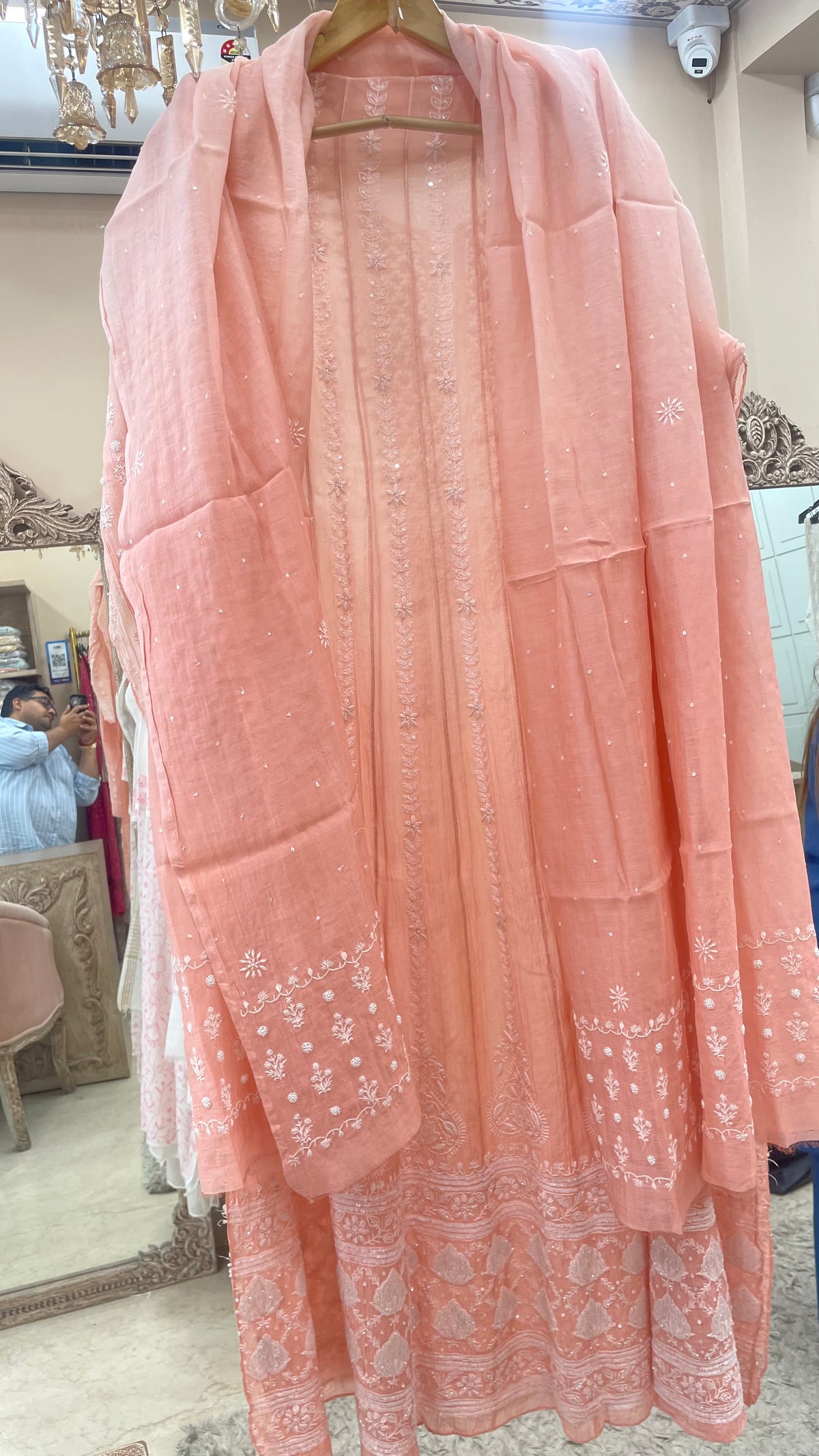 Pure Mul Anarkali Heavy Jaali Work Pearl And Cutdana Work With Dupatta Peach