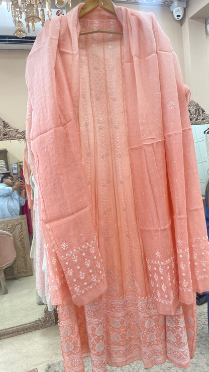 Pure Mul Anarkali Heavy Jaali Work Pearl And Cutdana Work With Dupatta Peach