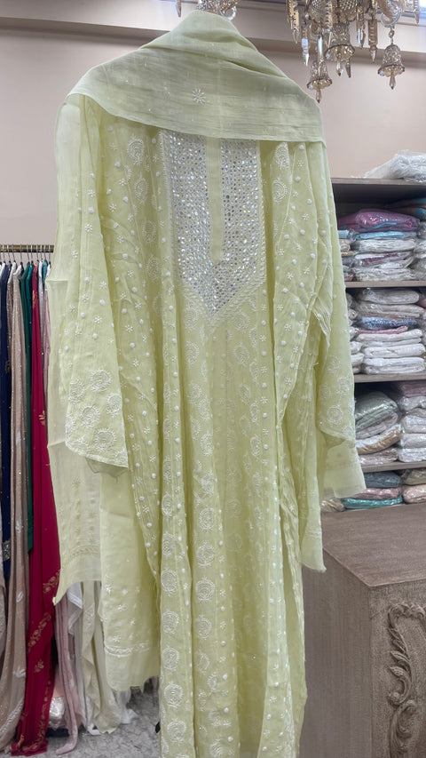 Pure Mul Anarkali Heavy Pearl And Cutdana Work With Dupatta Green