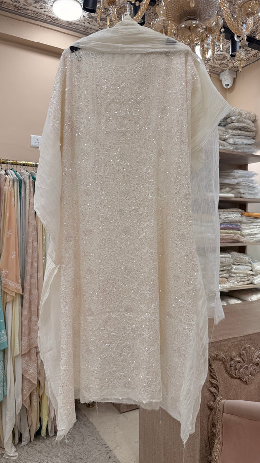 Pure Mulmul Semistiched Kurta Heavy Pearl And Addon Work With Dupatta White 03