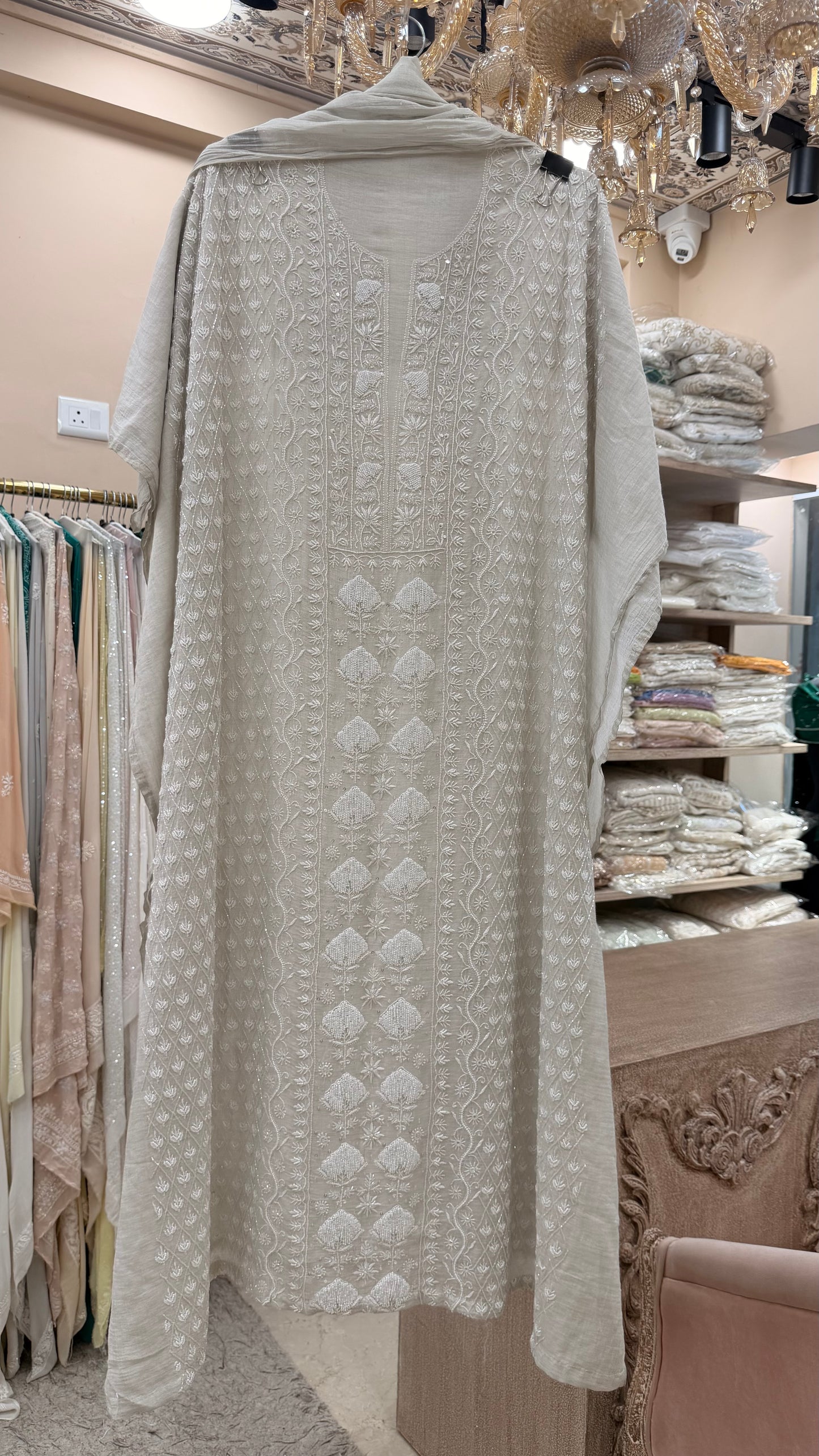 Tissue Straight Pearl and Cutdana Work With Dupatta Silver