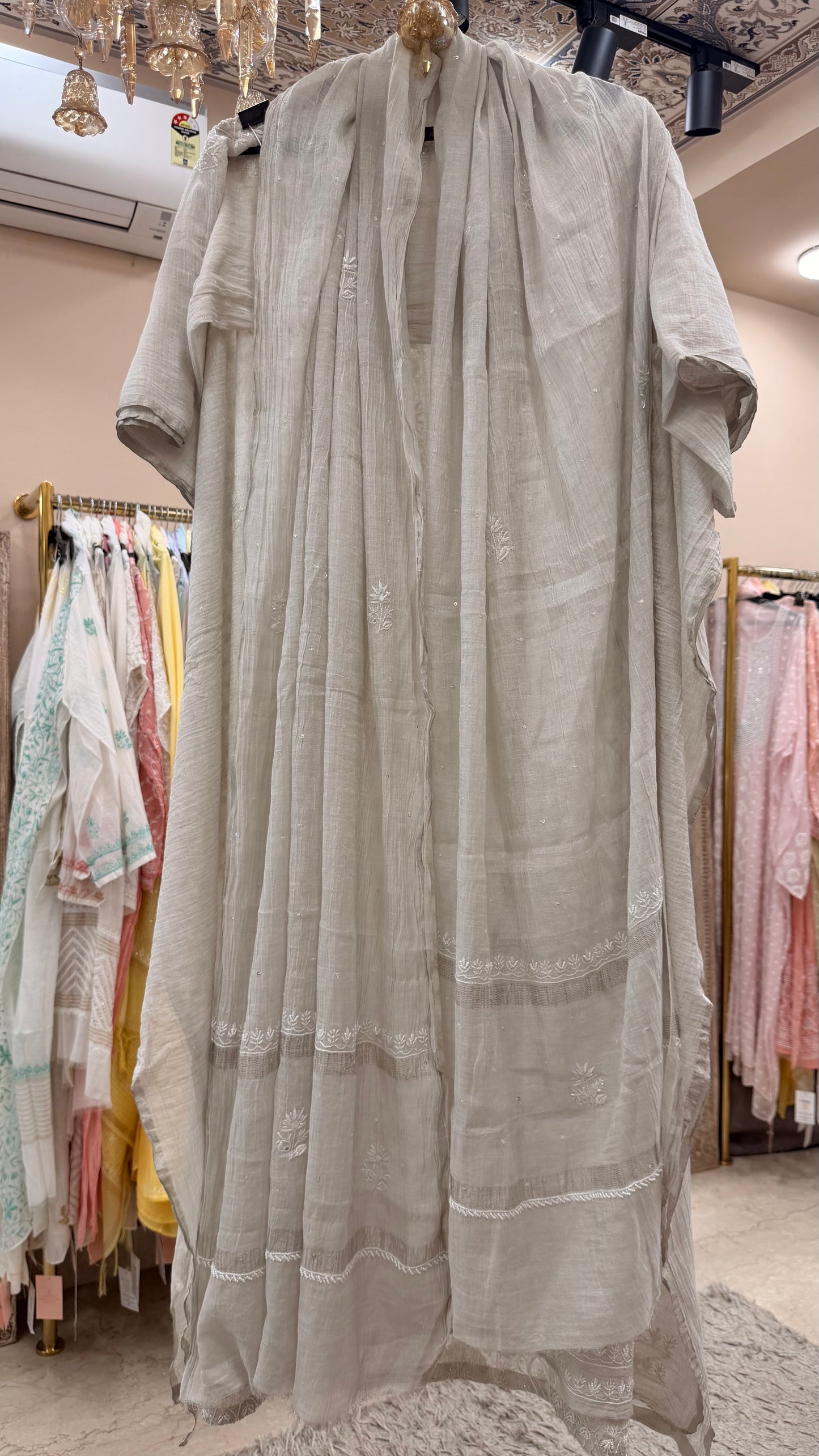 Tissue Straight Pearl and Cutdana Work With Dupatta Silver