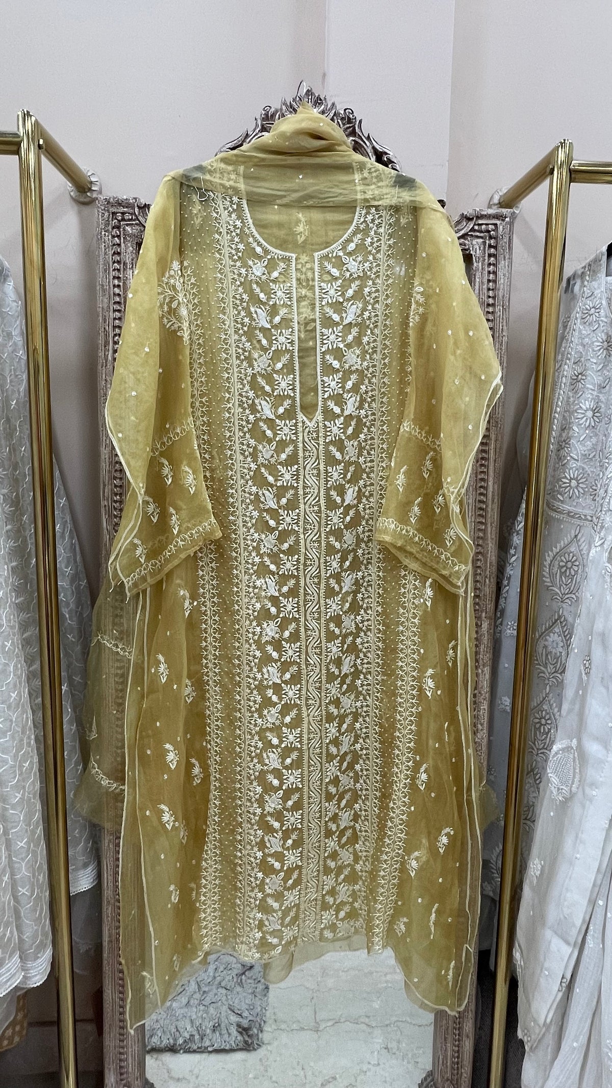 Pure Organza Semistiched Straight With Chickan And Addon Work Mustard Yellow