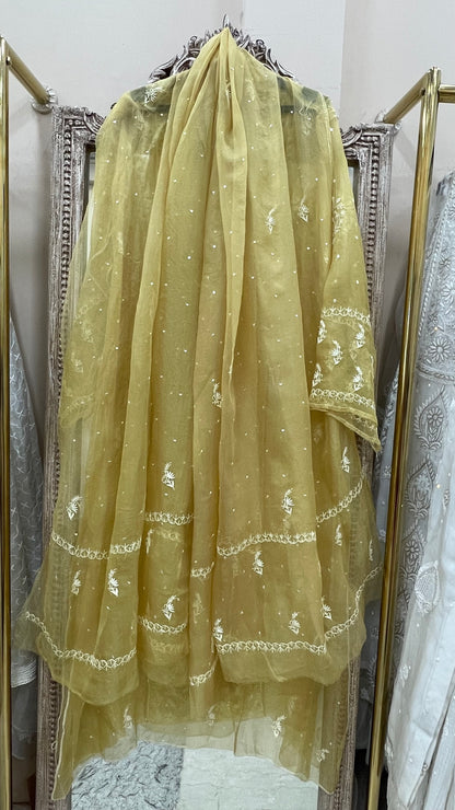 Pure Organza Semistiched Straight With Chickan And Addon Work Mustard Yellow