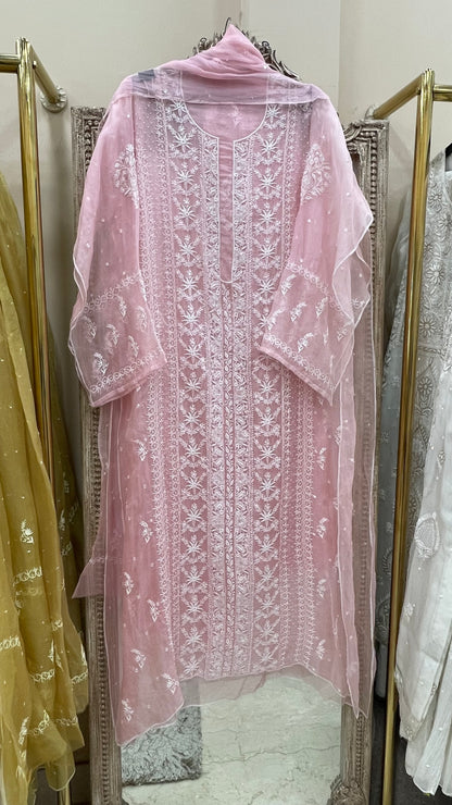 Pure Organza Semistiched Straight With Chickan And Addon Work Pink