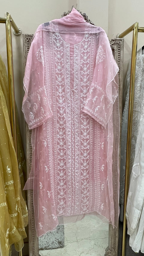 Pure Organza Semistiched Straight With Chickan And Addon Work Pink