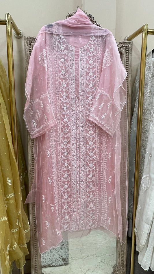 Pure Organza Semistiched Straight With Chickan And Addon Work Pink