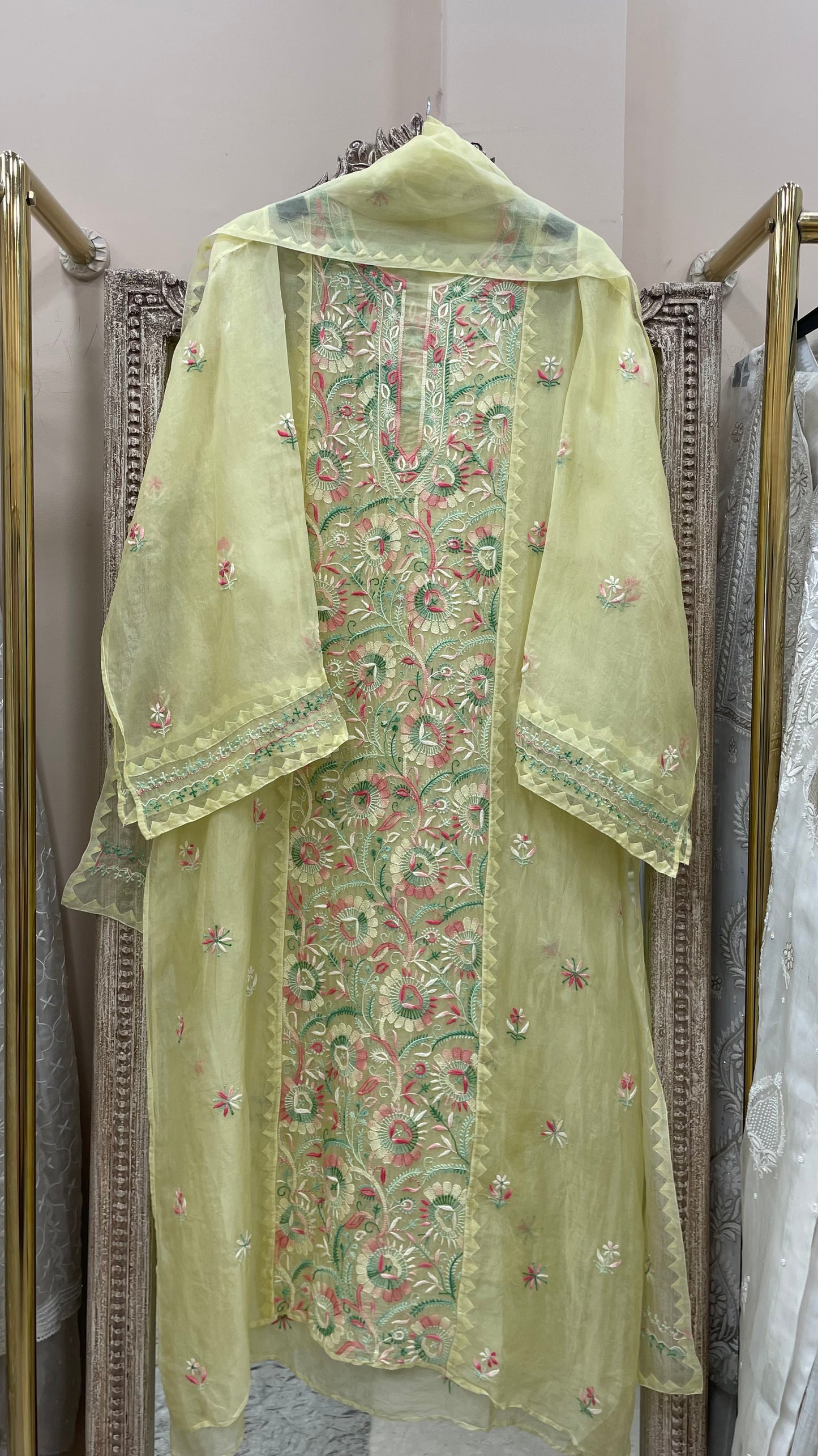 Pure Organza Semistiched Straight Parsi Work With Shirt And Dupatta Yellow