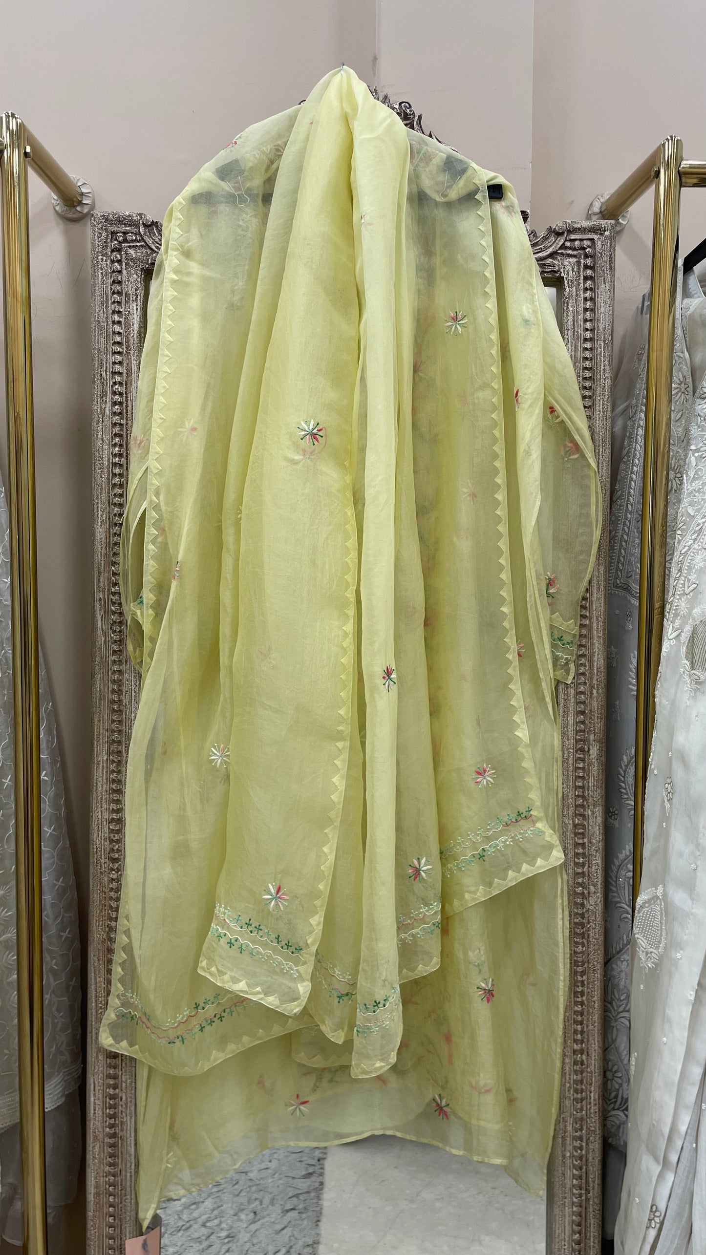 Pure Organza Semistiched Straight Parsi Work With Shirt And Dupatta Yellow