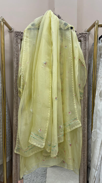 Pure Organza Semistiched Straight Parsi Work With Shirt And Dupatta Yellow