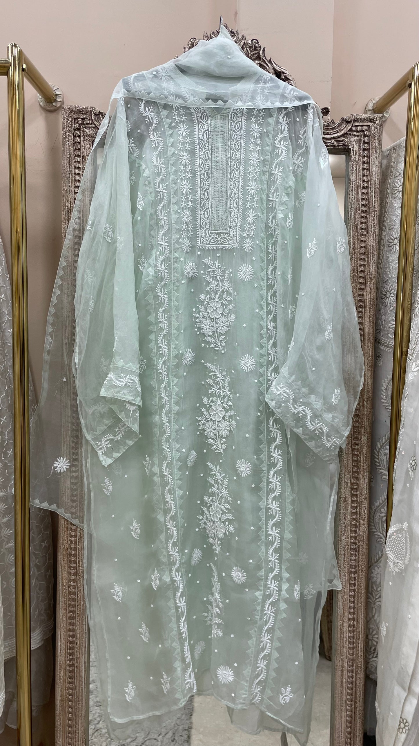 Pure Organza Semistiched Straight With Chickan And Addon Work Sage Green