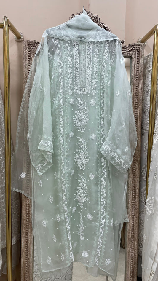 Pure Organza Semistiched Straight With Chickan And Addon Work Sage Green