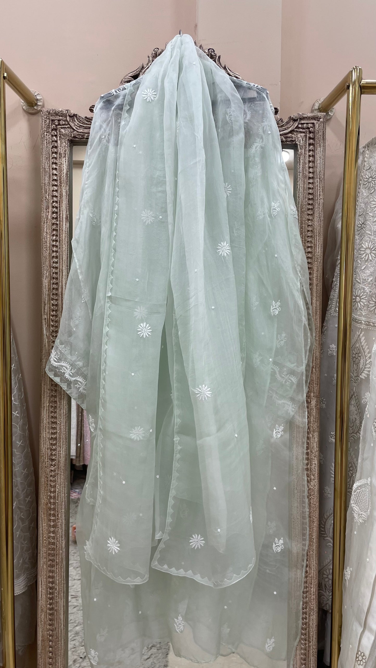 Pure Organza Semistiched Straight With Chickan And Addon Work Sage Green