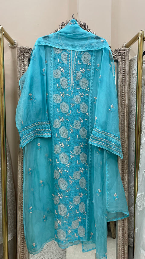 Pure Organza Semistiched Straight Parsi Work With Shirt And Dupatta Blue