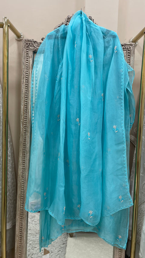 Pure Organza Semistiched Straight Parsi Work With Shirt And Dupatta Blue