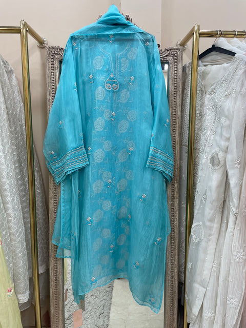 Pure Organza Semistiched Straight Parsi Work With Shirt And Dupatta Blue