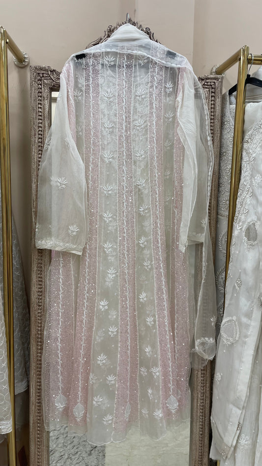 Pure Organza Anarkali With Heavy Addon And Pearl Work White And Pink