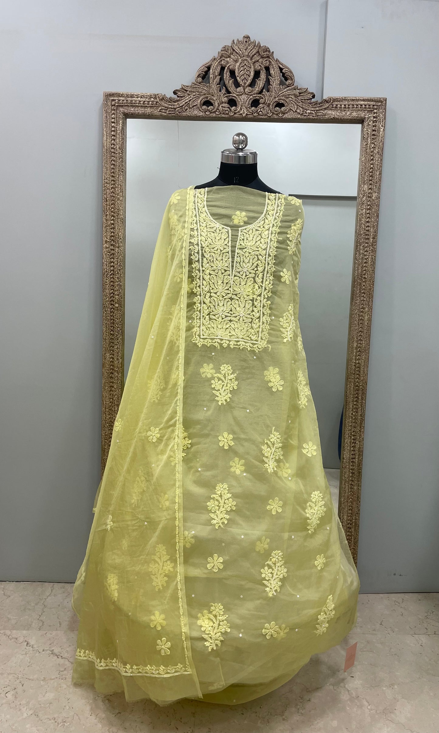 Semi Organza Straight Pearl And Work With Dupatta  Yellow