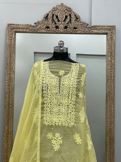 Semi Organza Straight Pearl And Work With Dupatta  Yellow