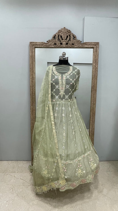 Pure Organza Anarkali With Heavy Parsi,Addon And Pearl Work Green