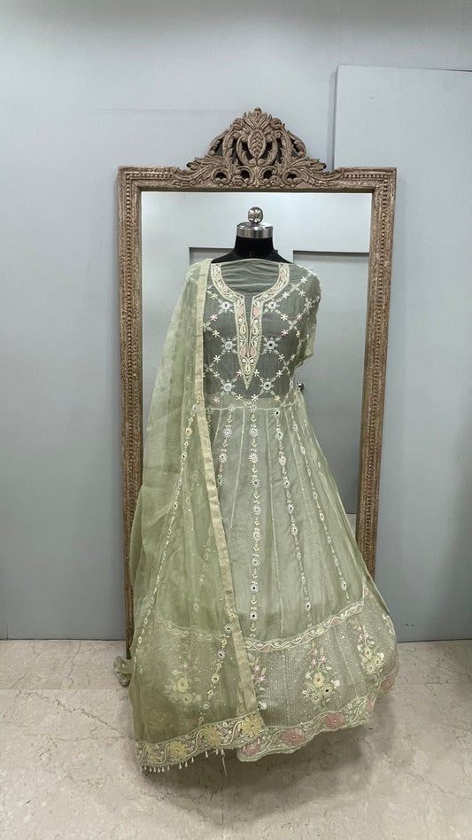Pure Organza Anarkali With Heavy Parsi,Addon And Pearl Work Green