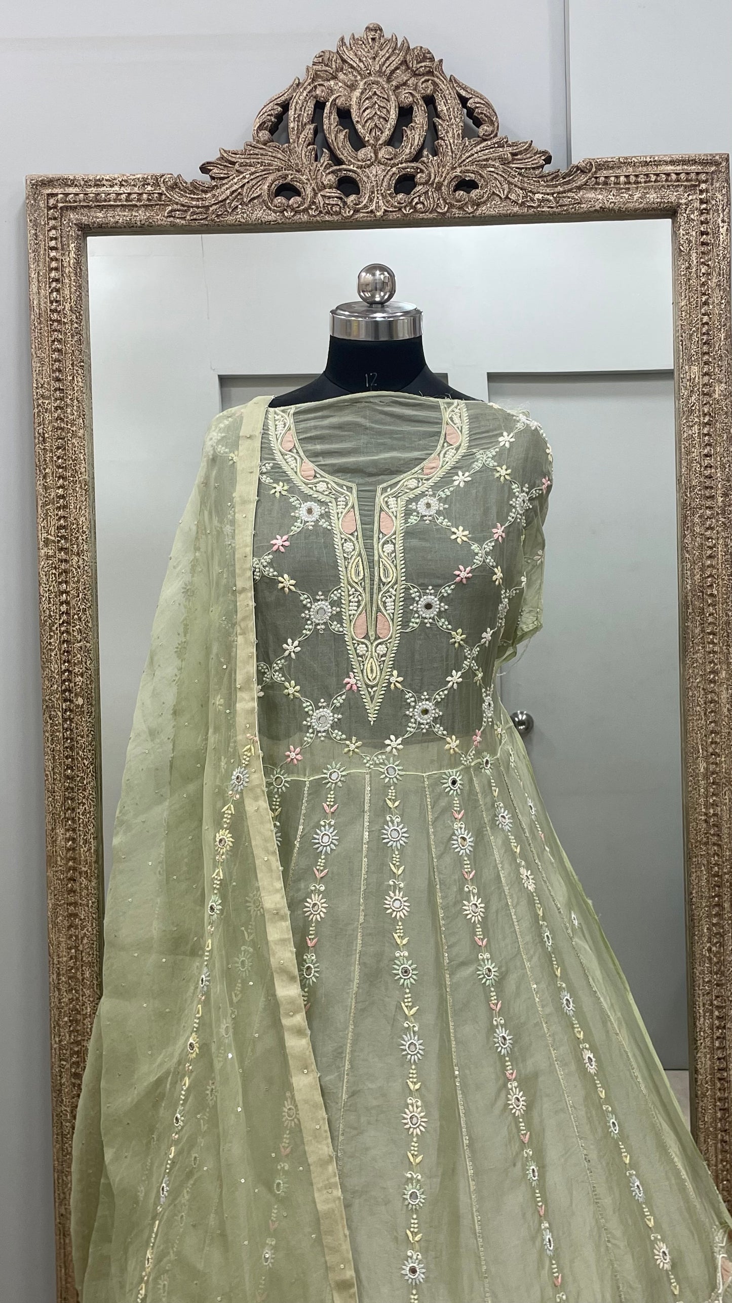 Pure Organza Anarkali With Heavy Parsi,Addon And Pearl Work Green