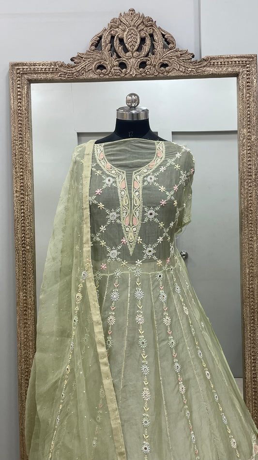 Pure Organza Anarkali With Heavy Parsi,Addon And Pearl Work Green
