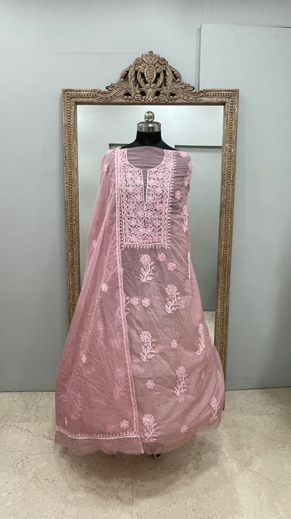 Semi Organza Straight Pearl And Work With Dupatta Pink