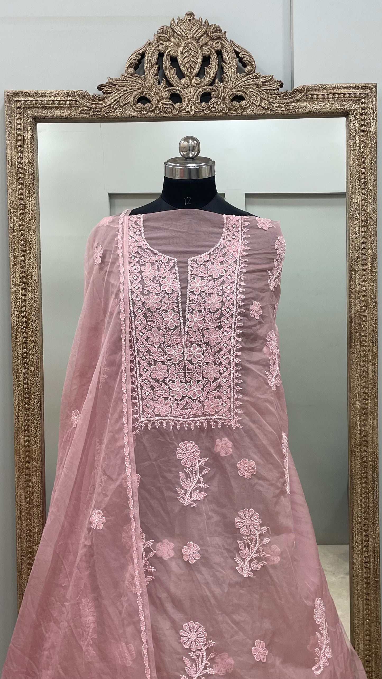 Semi Organza Straight Pearl And Work With Dupatta Pink