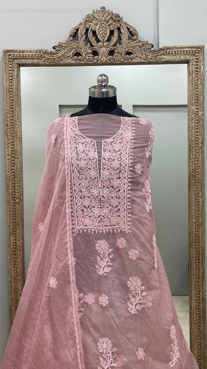 Semi Organza Straight Pearl And Work With Dupatta Pink