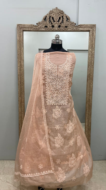 Semi Organza Straight Pearl And Work With Dupatta Peach
