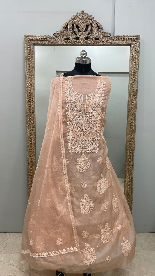 Semi Organza Straight Pearl And Work With Dupatta Peach