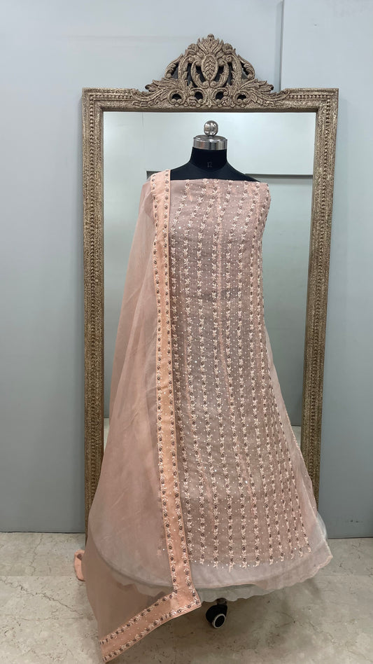 Pure Organza Straight Heavy Cutdana Pearl and Sequence Peach