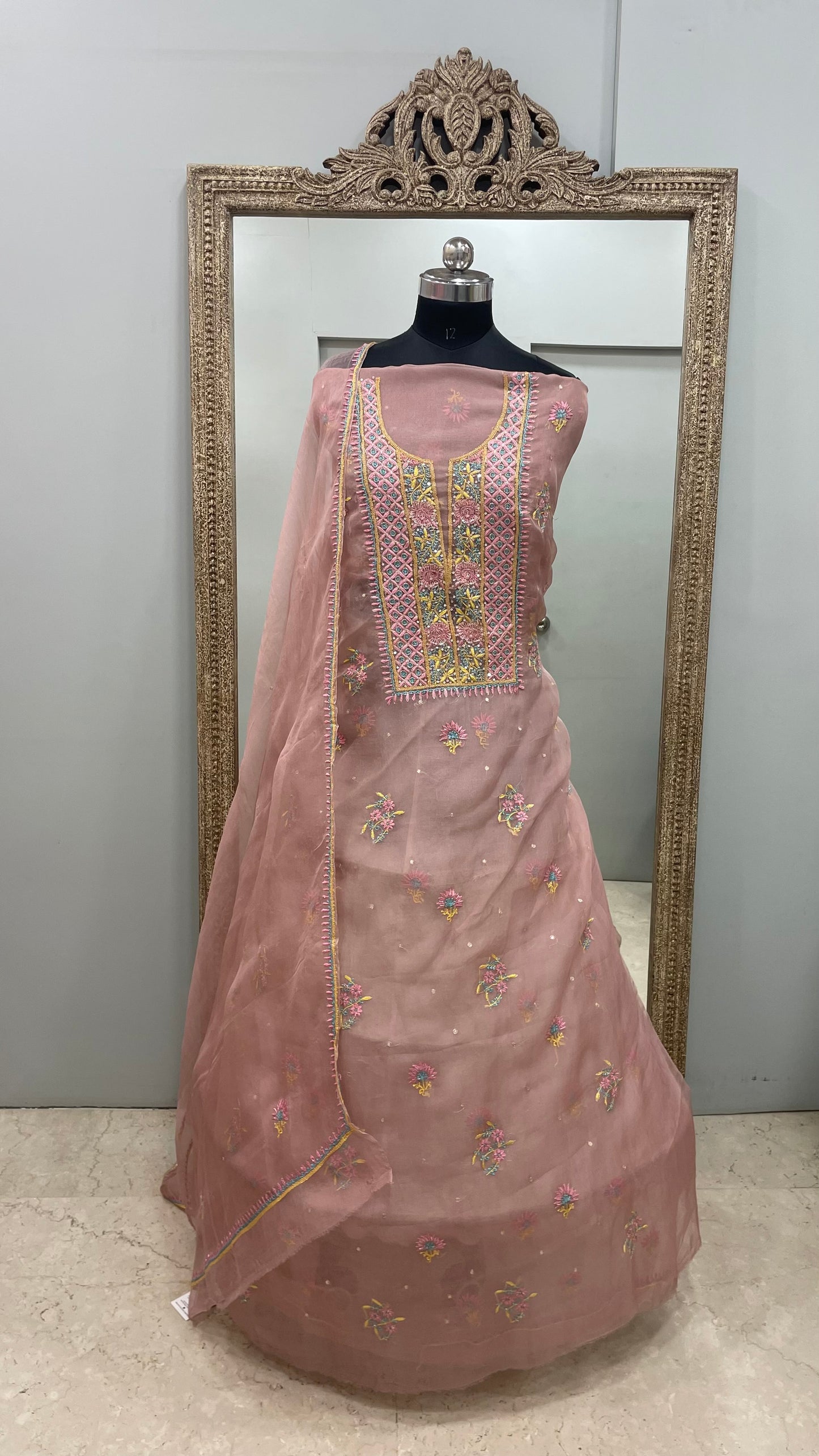 Pure Organza Straight With Heavy Parsi Addon And Pearl Work Pink