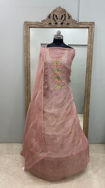 Pure Organza Straight With Heavy Parsi Addon And Pearl Work Pink