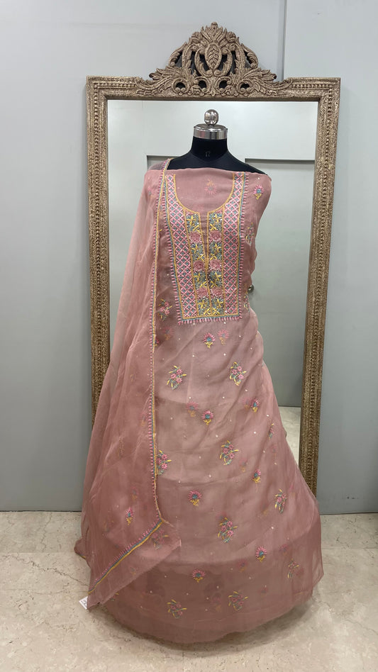 Pure Organza Straight With Heavy Parsi Addon And Pearl Work Pink