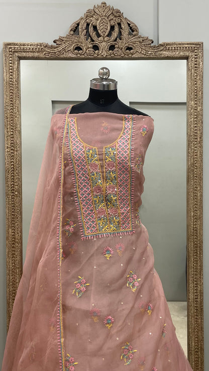 Pure Organza Straight With Heavy Parsi Addon And Pearl Work Pink