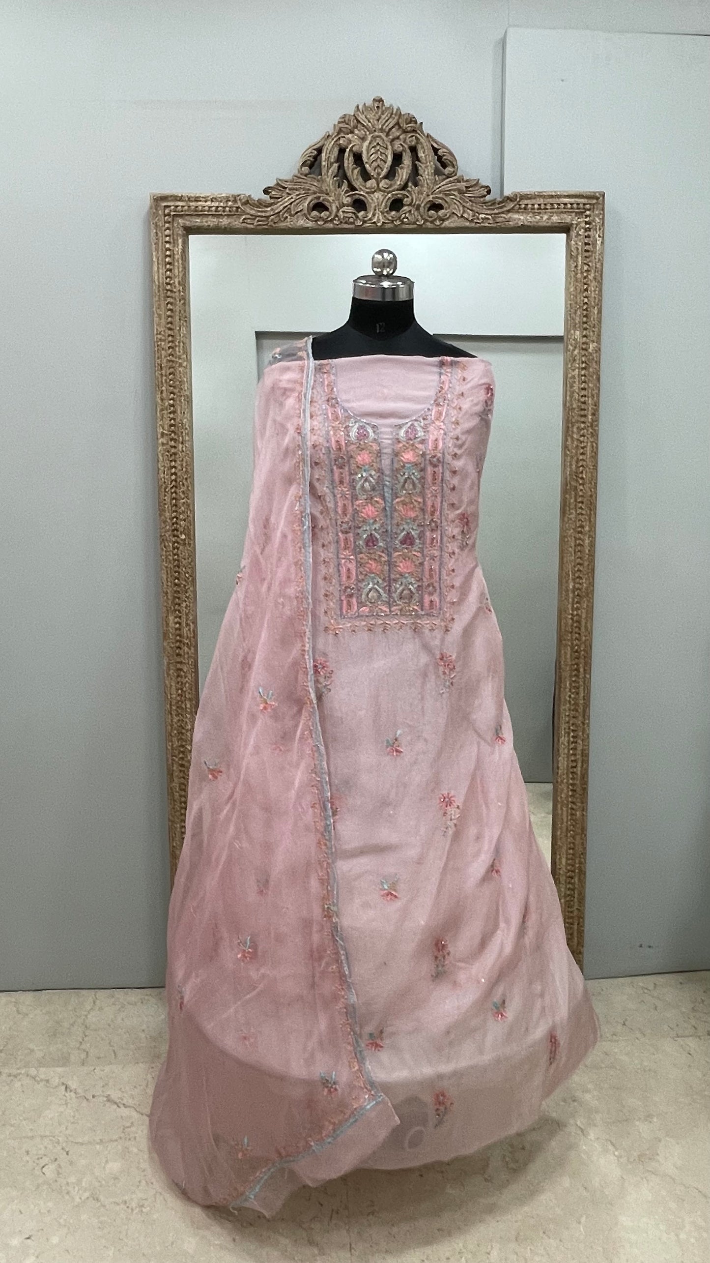 Pure Organza Straight With Heavy Parsi Addon And Pearl Work Pink
