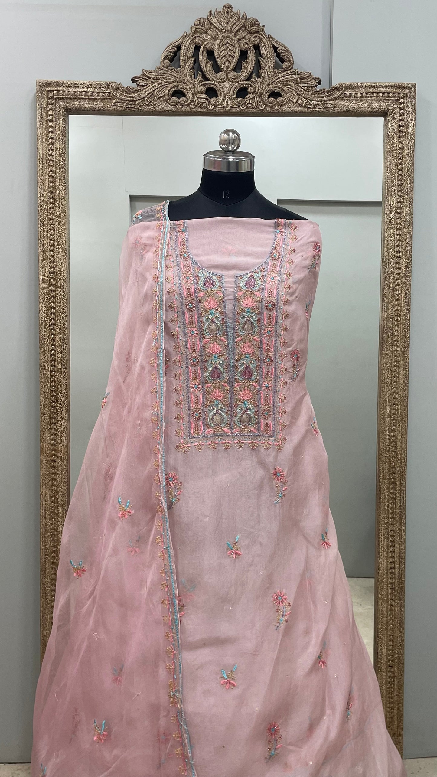 Pure Organza Straight With Heavy Parsi Addon And Pearl Work Pink
