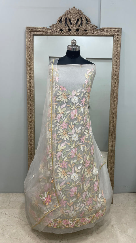 Pure Organza Straight With Heavy Parsi Work Lilac