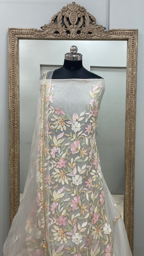 Pure Organza Straight With Heavy Parsi Work Lilac