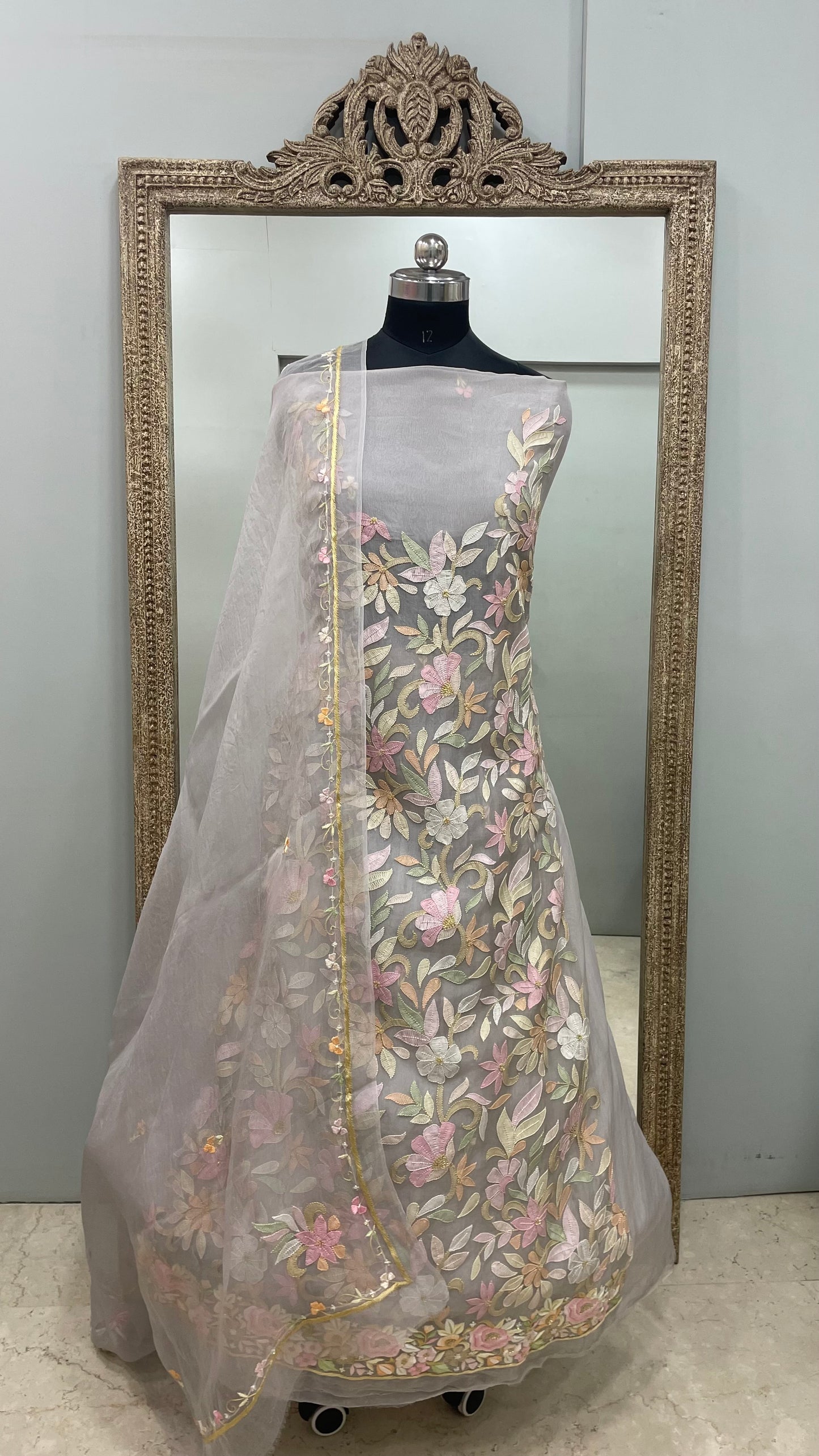 Pure Organza Straight With Heavy Parsi Work Gray