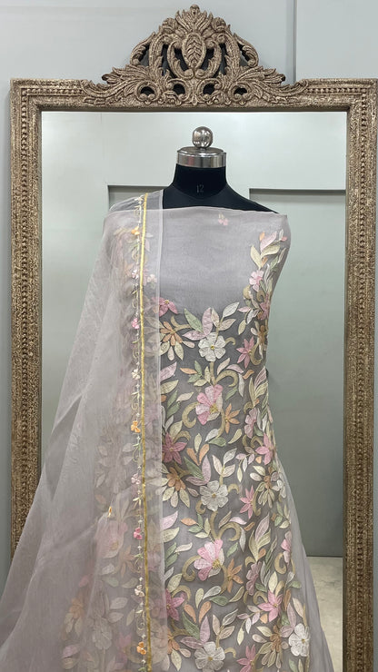 Pure Organza Straight With Heavy Parsi Work Gray